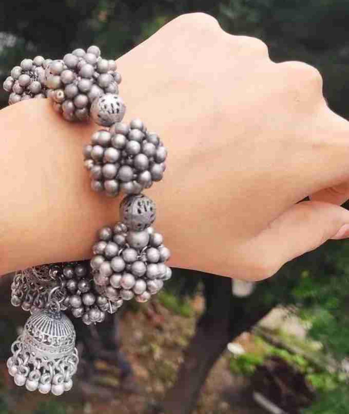 Oxidised Silver Beaded Traditional Bracelet with Jhumka Charm for Women